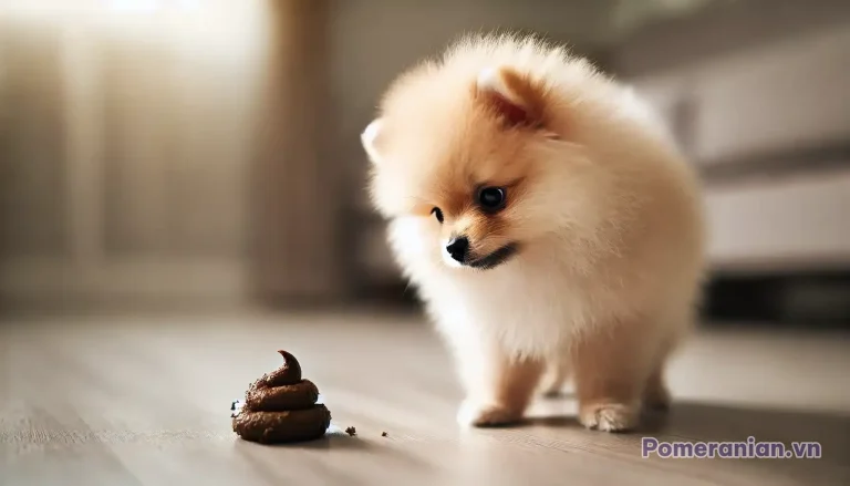 Chó Pomeranian con lông kem trắng đứng nhìn xuống phân trên sàn gỗ